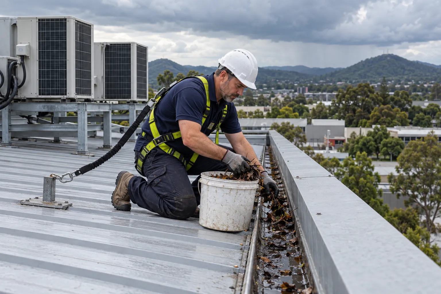 A maintenance officer in a harness clearing leaves from a box gutter on a commercial roof beside air-conditioning units.