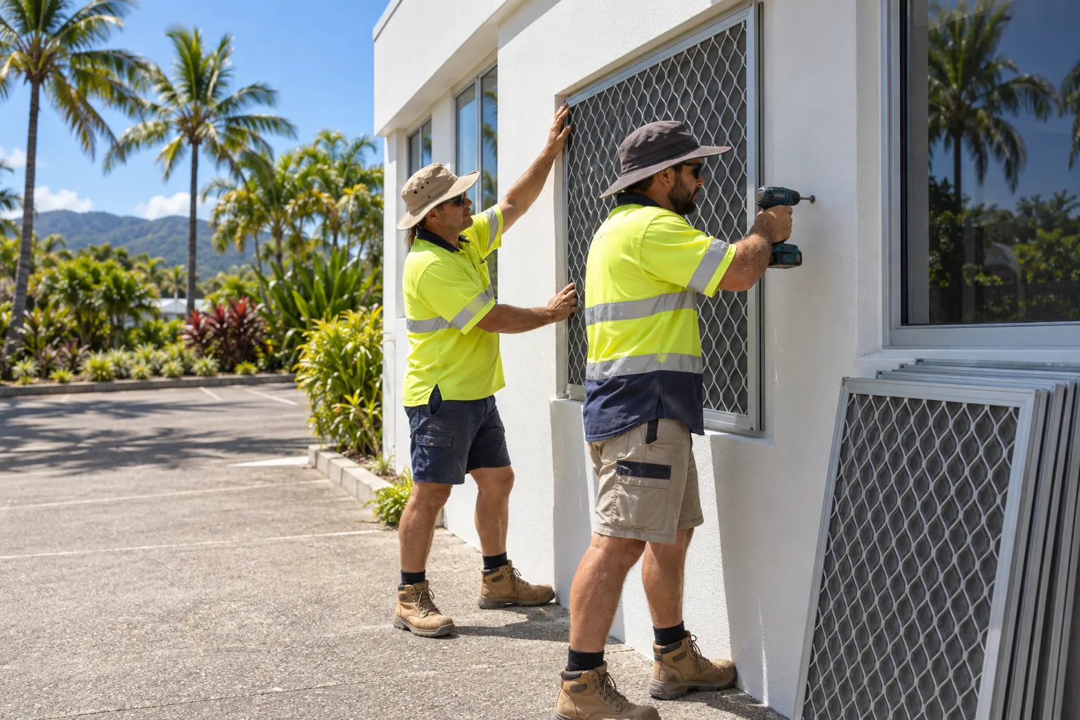 Two maintenance workers fitting a metal screen over the window of a low office building with palm trees behind.