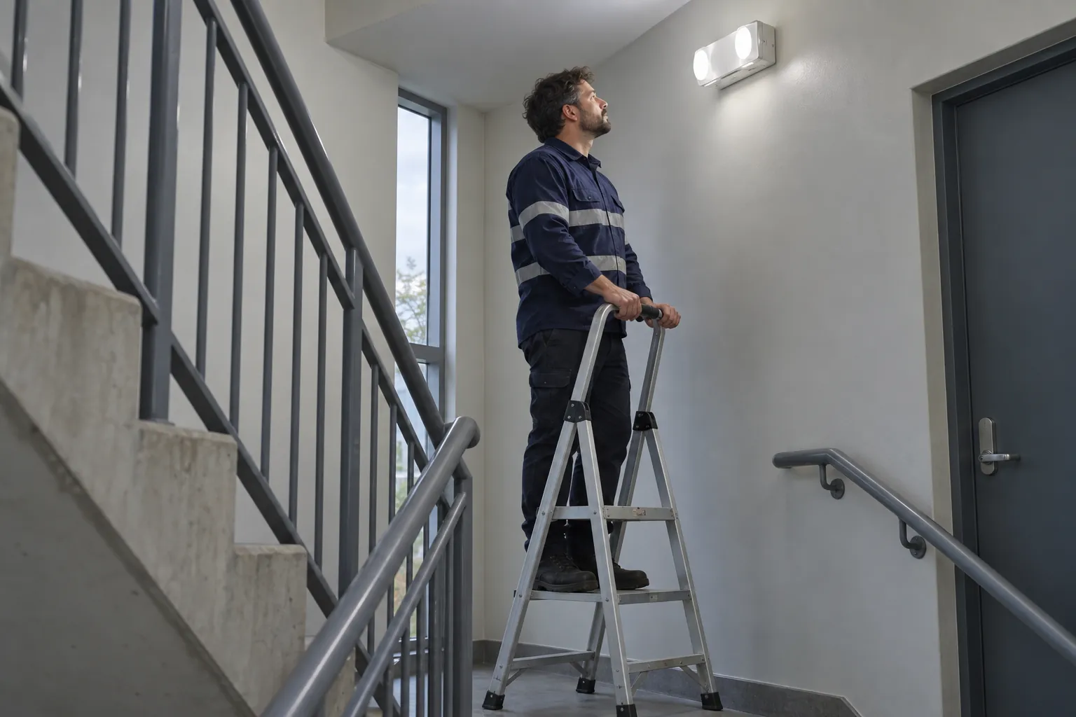 An electrician on a ladder checking a lit emergency light on a stairwell landing.