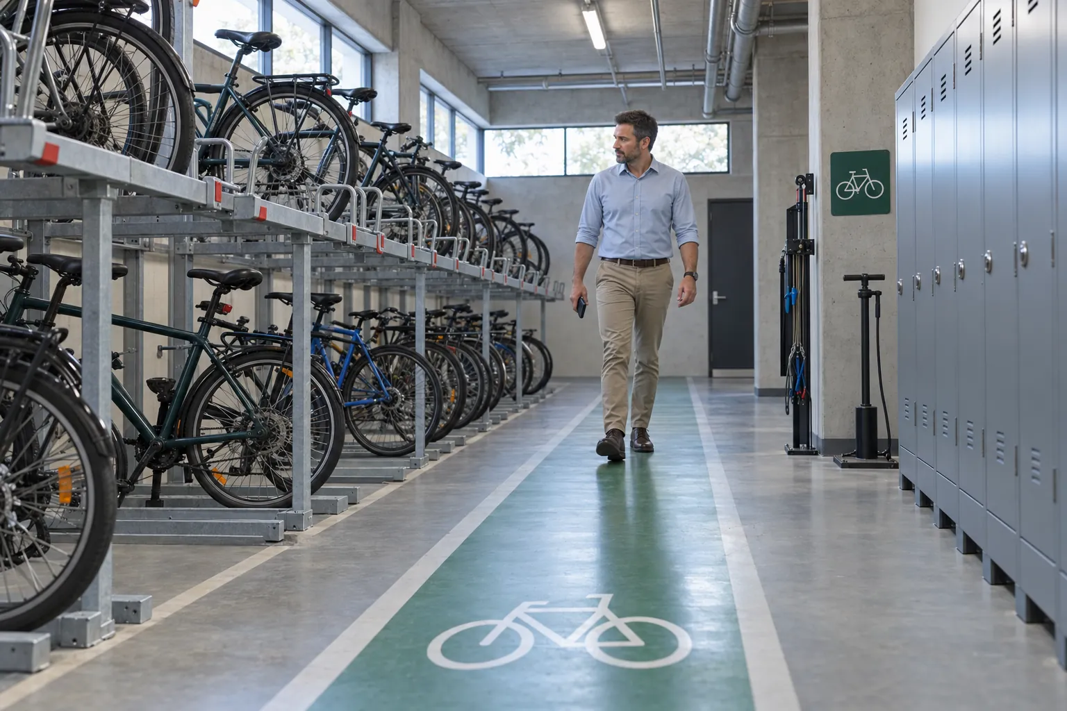 A building manager walking past bike racks and lockers in a basement bike room.