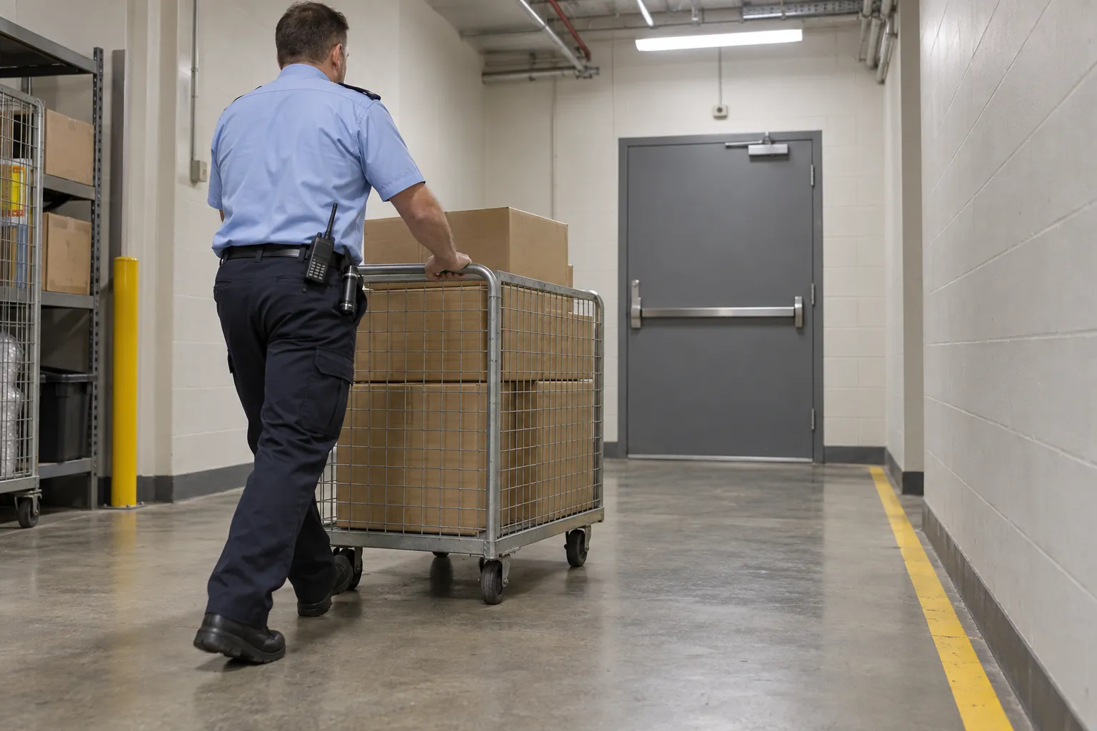 A security officer moving a trolley away from an exit door in a shopping centre service corridor.