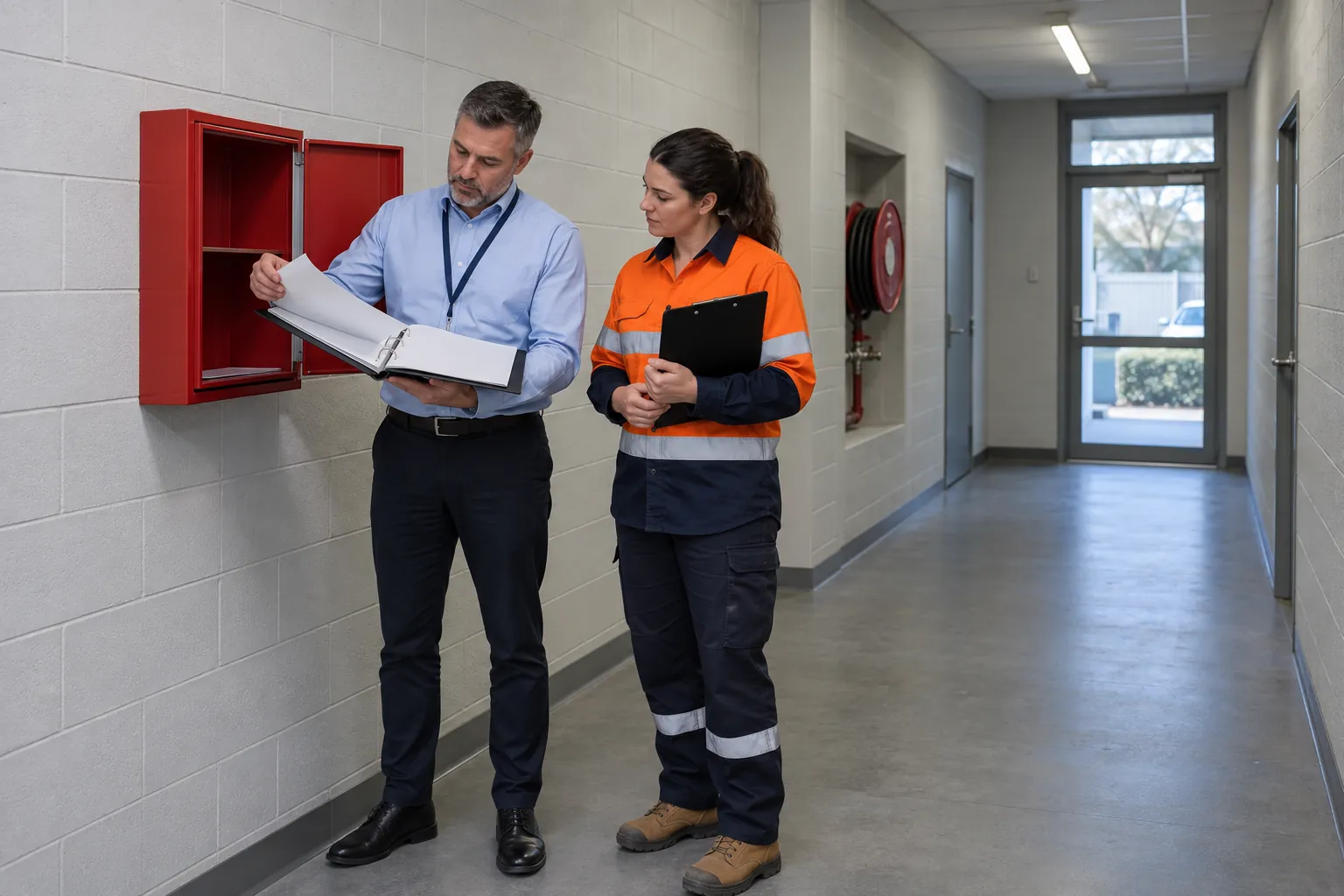 A facility manager and a fire services technician reading a binder beside an open red document box in a building's service corridor, with a hose reel behind them.