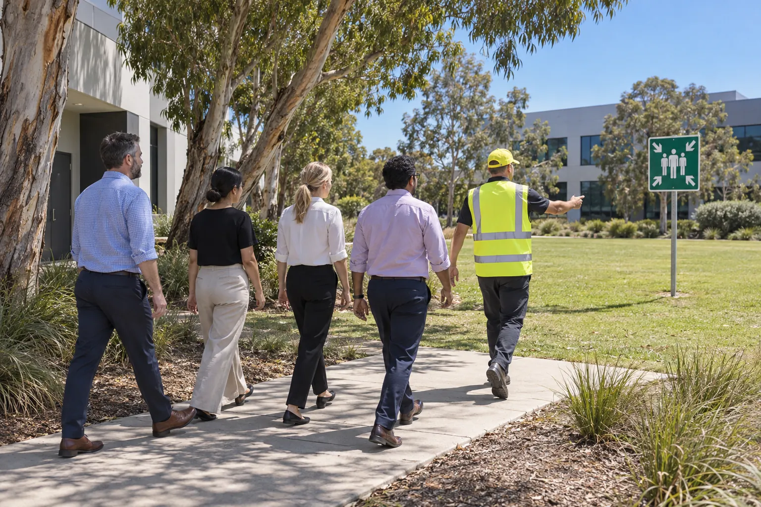 A fire warden in a yellow cap and hi-vis vest leading office workers along a tree-lined path to an outdoor assembly area.