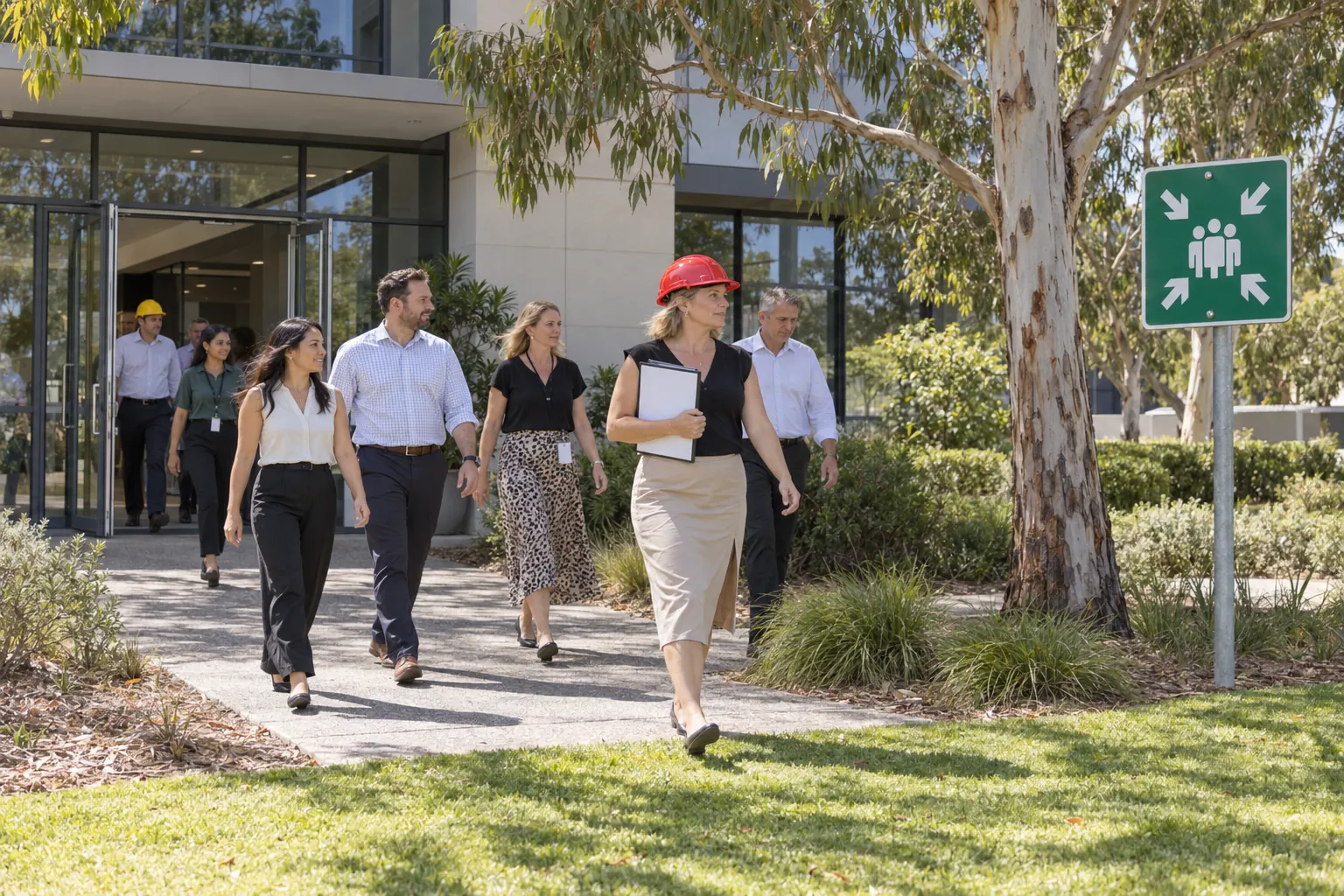 Office workers walking calmly from a building entrance to a grassed assembly area, led by a warden in a red helmet holding a clipboard.