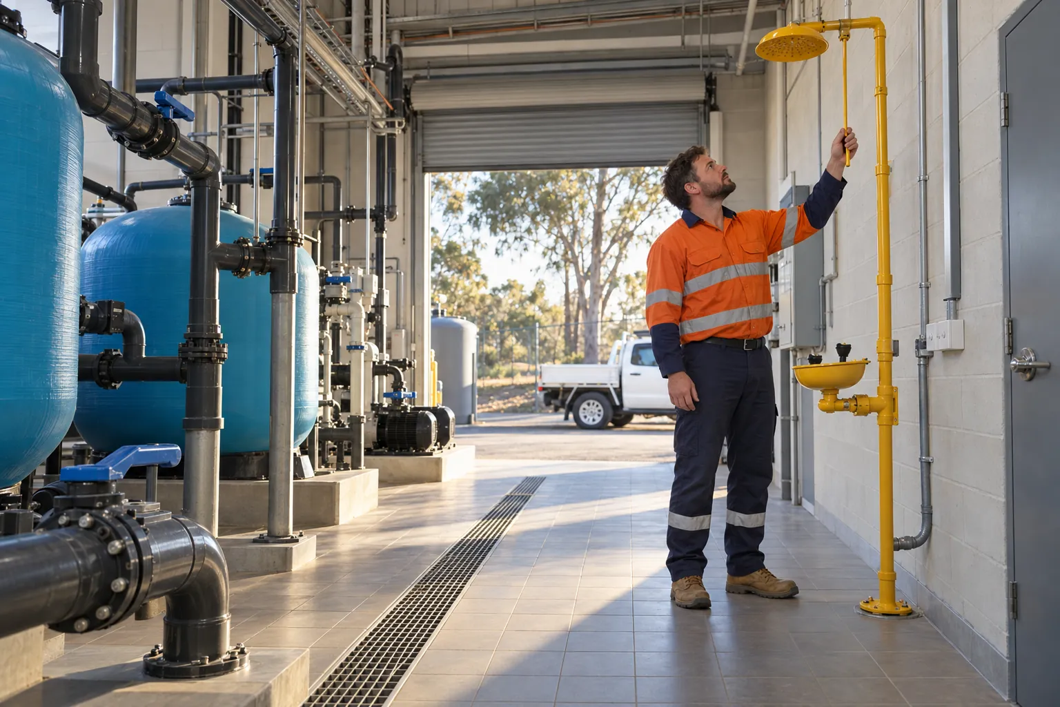 A technician beside a yellow combination emergency shower and eyewash in a pool plant room, reaching for the shower's pull rod.