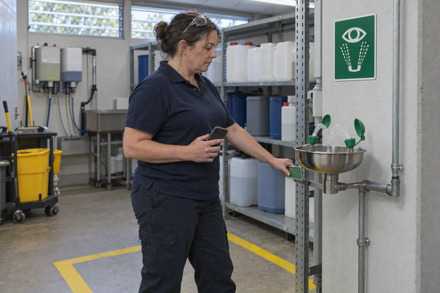 A cleaning supervisor running water through a wall-mounted eyewash station in a chemical store, both nozzles flowing into the bowl.