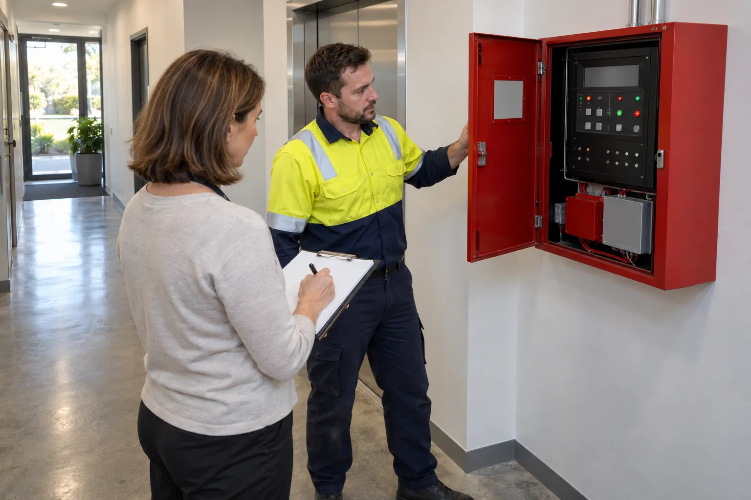 A technician in workwear showing a fire indicator panel to a woman taking notes on a clipboard in a building services corridor.