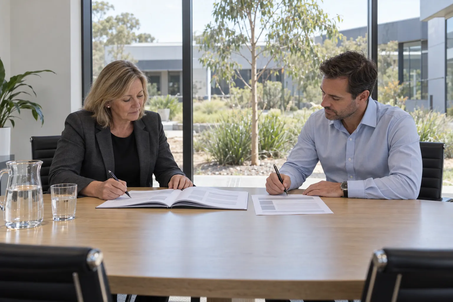 A property manager and a service provider marking pages of a contract across a boardroom table beside a courtyard window.