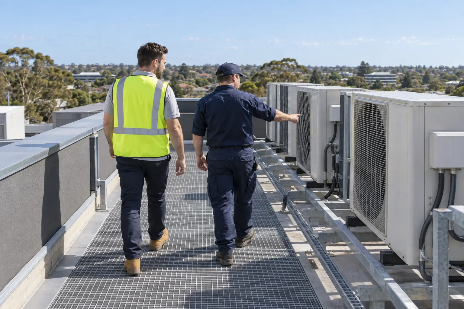A facility manager and a technician in workwear walking along a rooftop plant deck beside air-conditioning units on a sunny morning.