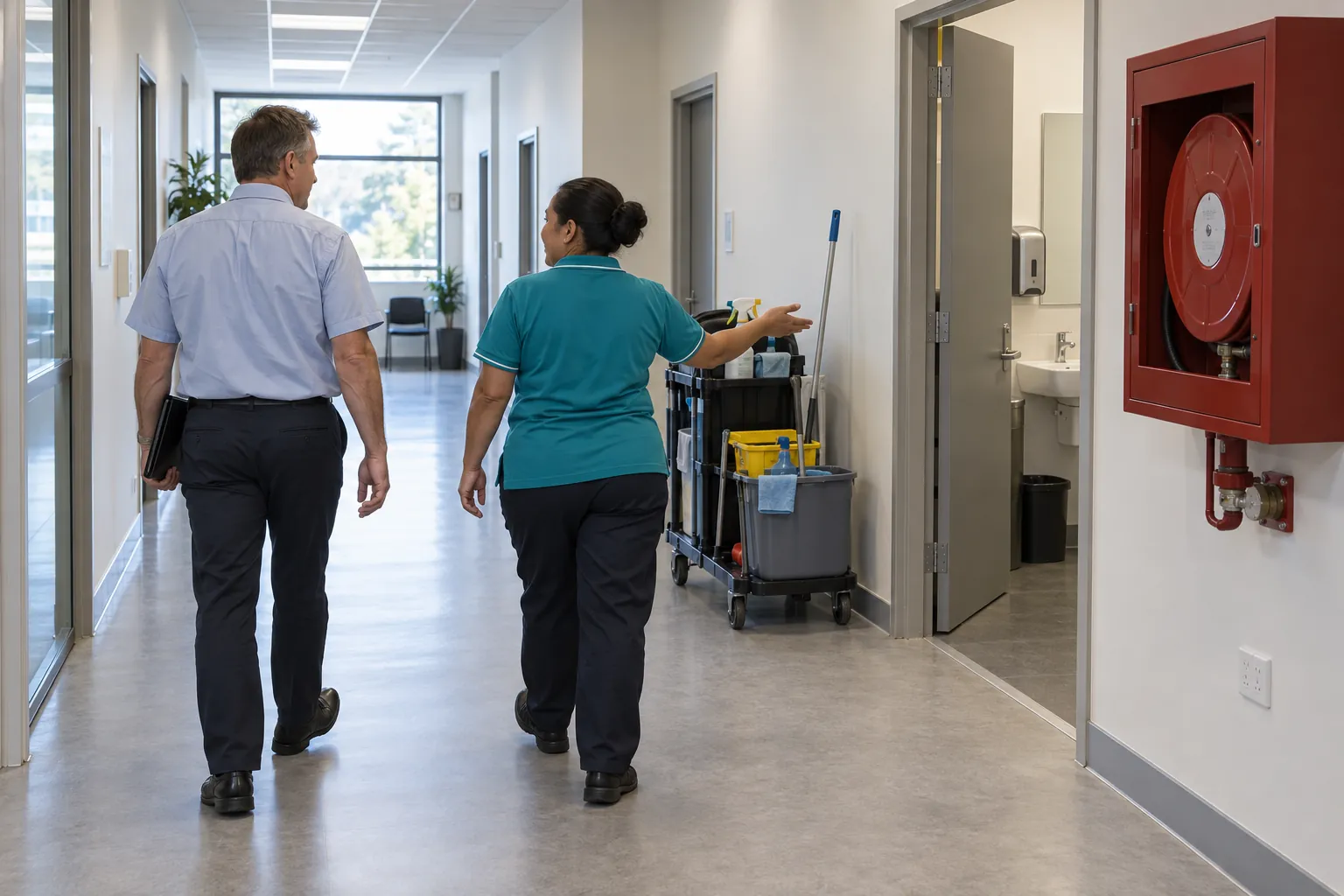 A facility manager and a cleaning supervisor walking along an office corridor past a cleaning trolley by an amenities room.