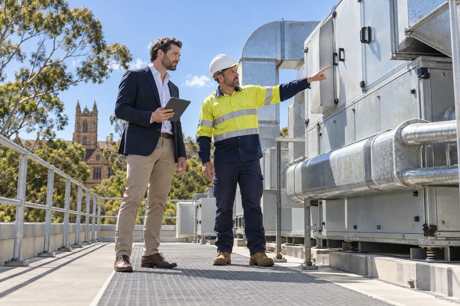 A facility manager and a mechanical technician looking at an air-handling unit on the roof plant deck of a campus building.