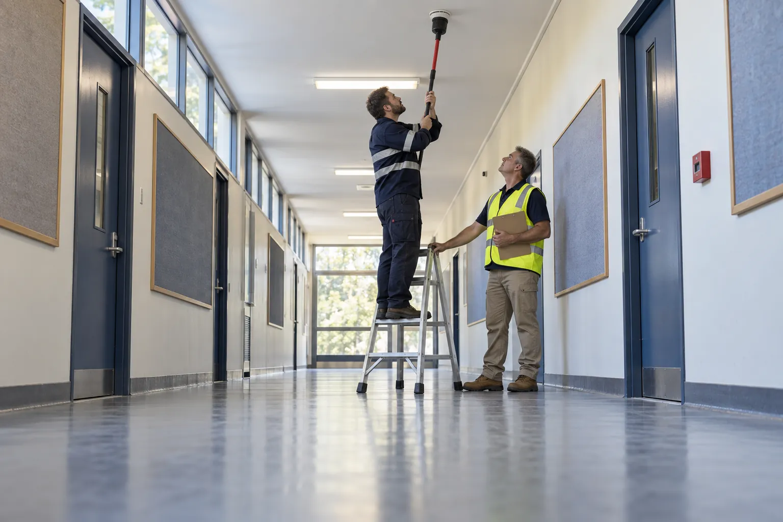 A fire services technician testing a ceiling smoke detector with a pole in a school corridor while a caretaker steadies the ladder.