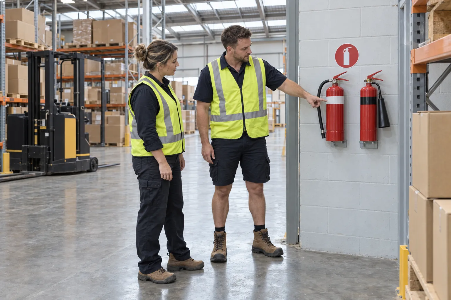 Two warehouse staff in hi-vis vests looking at a pair of wall-mounted extinguishers with different coloured bands beside pallet racking.