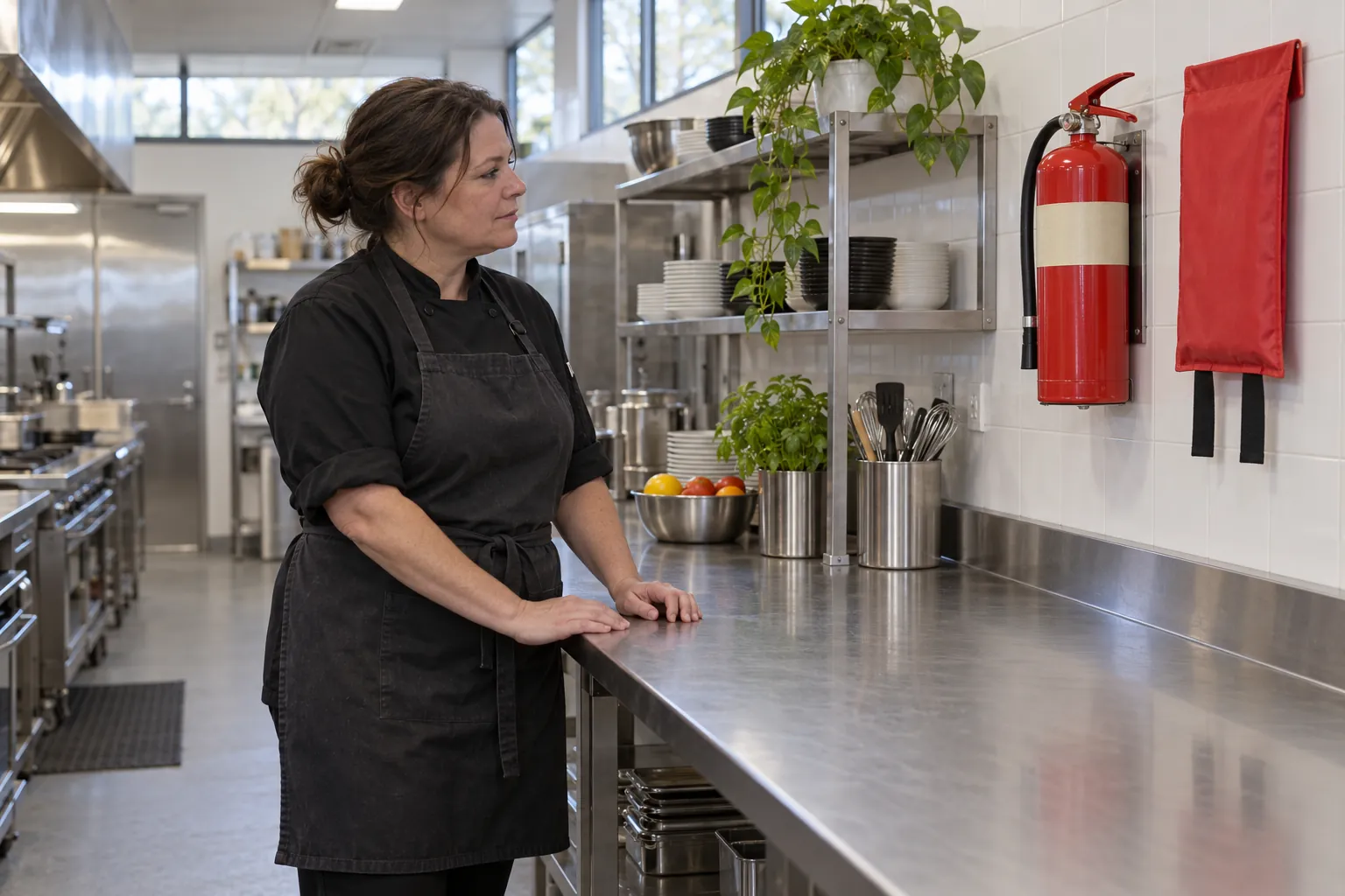 A kitchen supervisor in a quiet commercial kitchen looking at a wall-mounted extinguisher and fire blanket at the end of a stainless steel bench.