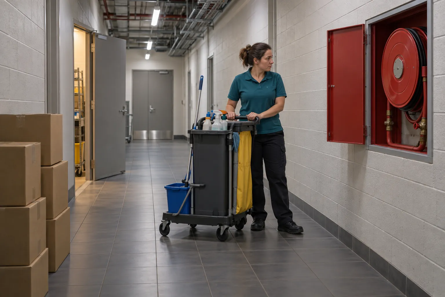 A cleaner with a trolley looking into an open fire hose reel cabinet in a shopping centre service corridor, the red reel clear of any obstruction.