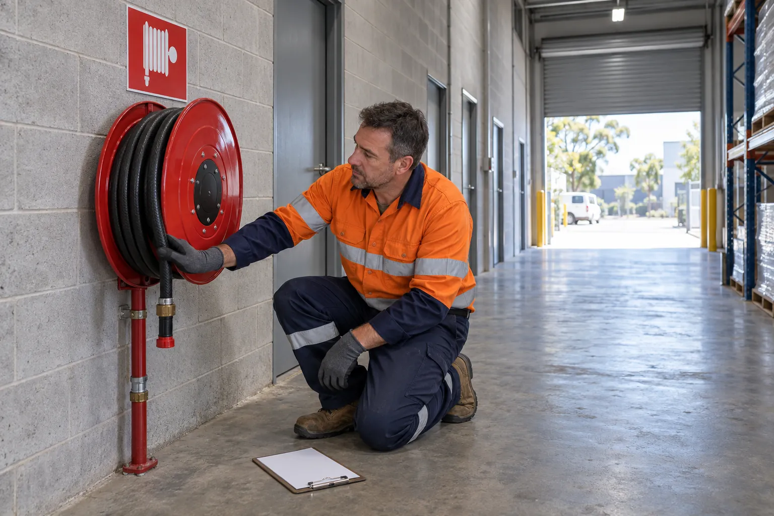 A technician kneeling beside a red wall-mounted fire hose reel in a warehouse corridor, running a gloved hand along the wound hose.