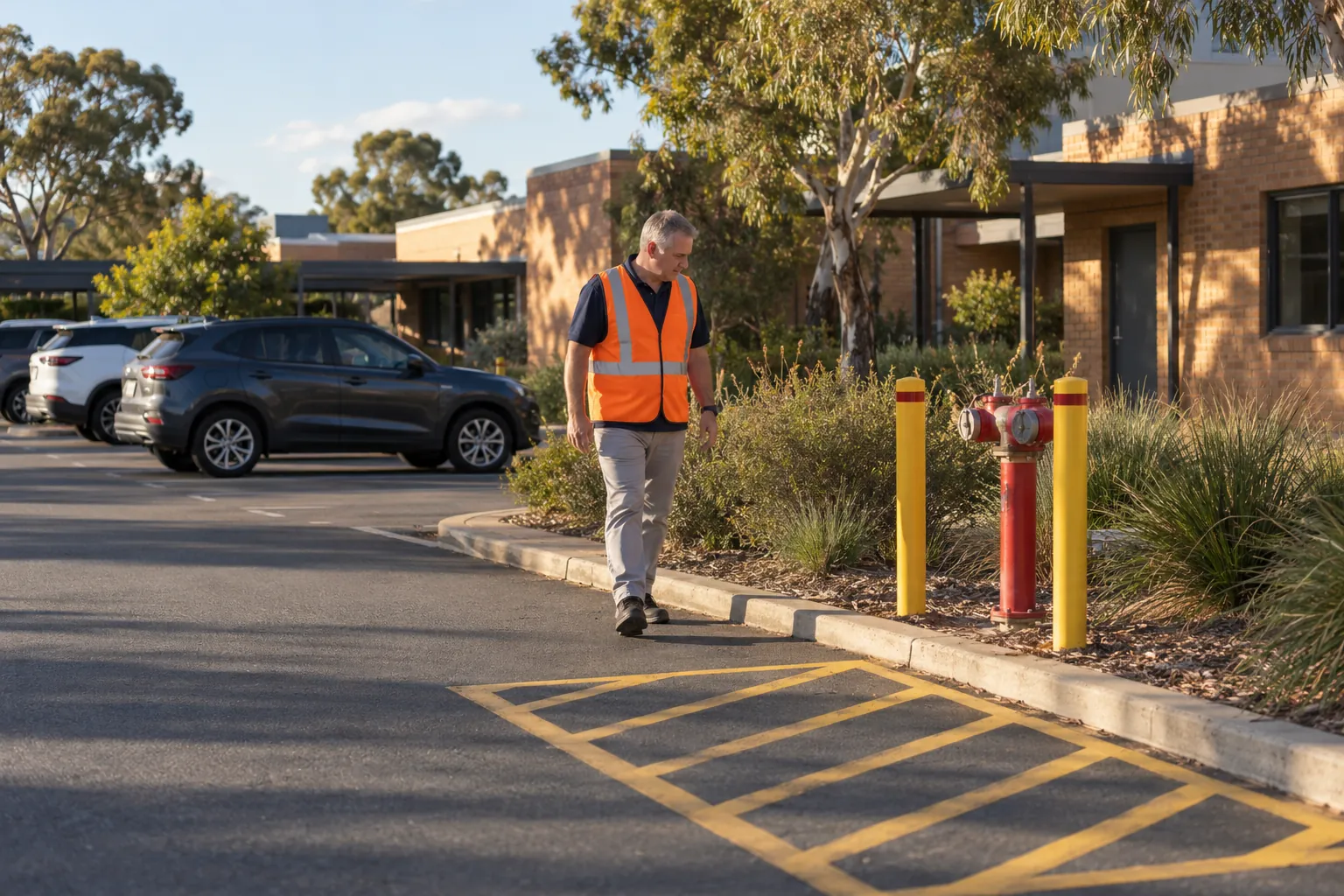 A building manager in a hi-vis vest walking past a red fire hydrant protected by yellow bollards at the edge of a campus car park.