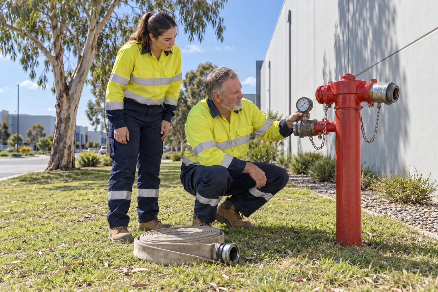 Two fire services technicians reading a pressure gauge on a red pillar fire hydrant on the lawn beside a warehouse wall.