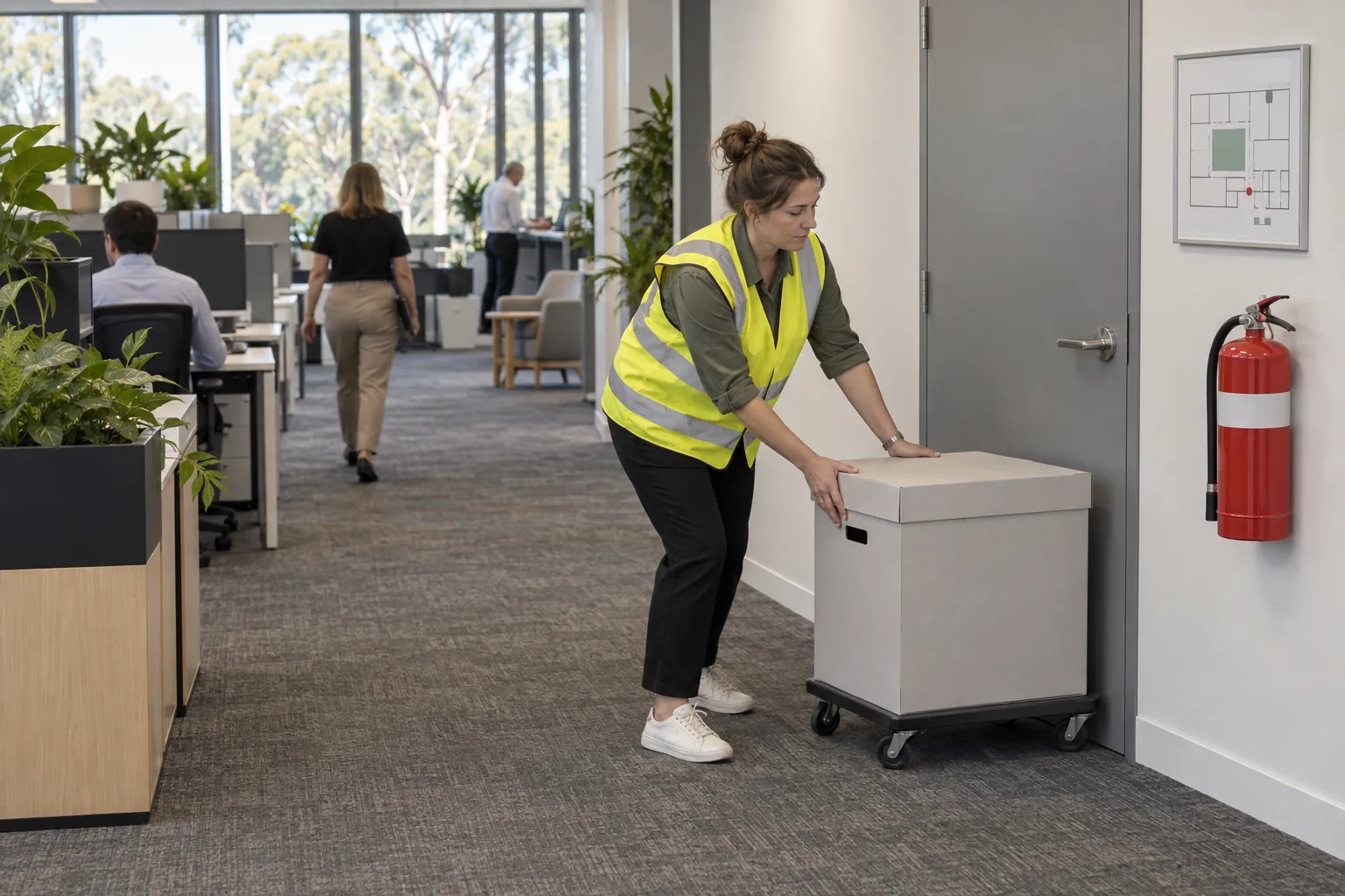 A floor warden in a yellow vest moving a box away from a fire-stair door in an office corridor, beside an extinguisher and an evacuation diagram.