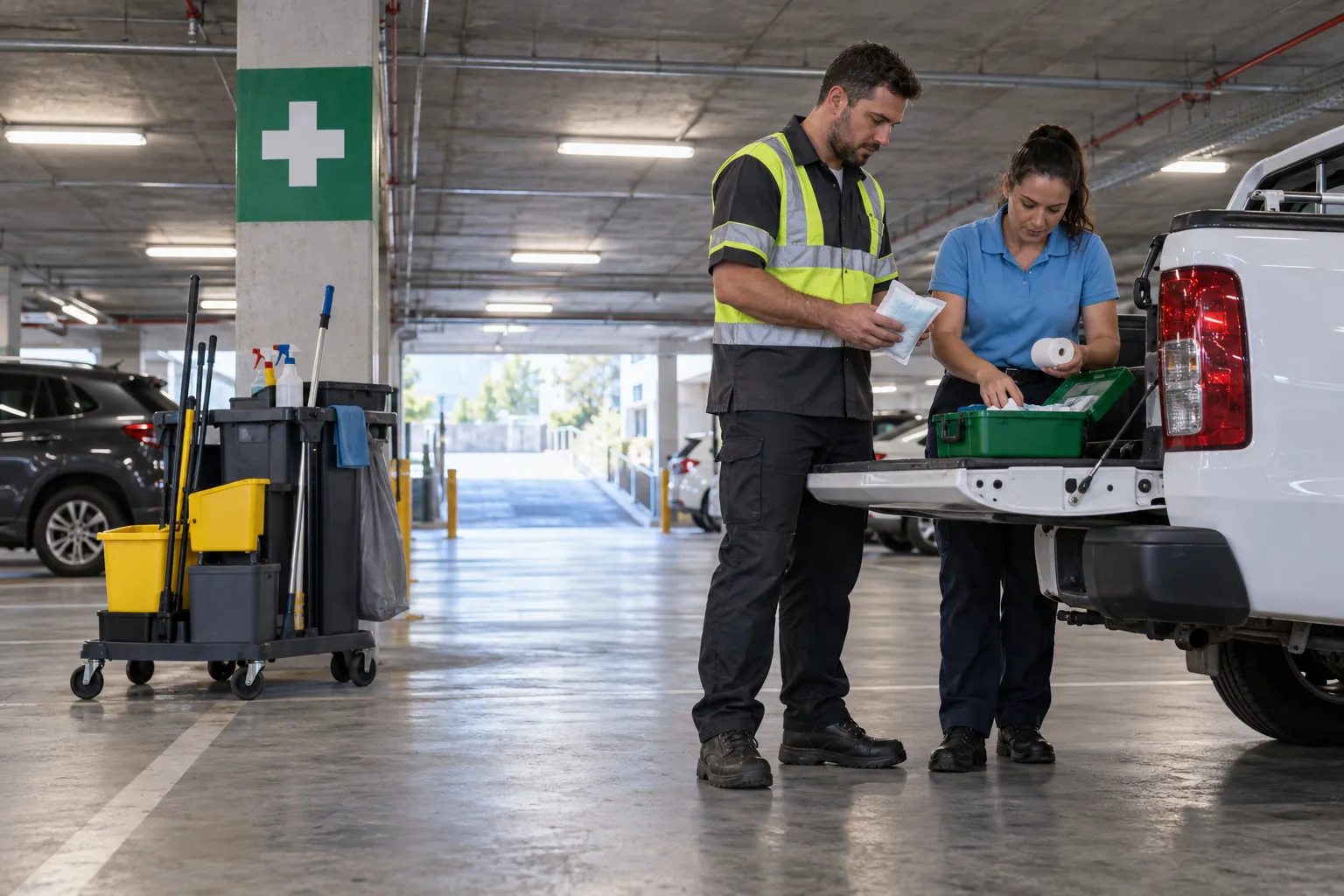 Two cleaning contractors restocking a portable first aid kit on the tailgate of a utility vehicle in a shopping centre basement car park.