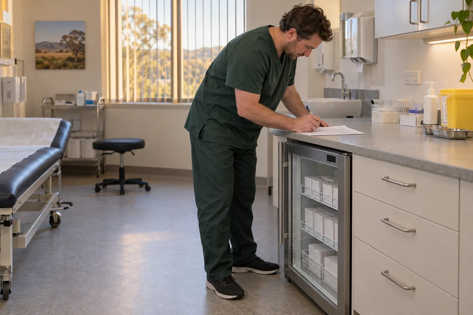 A practice nurse reading a vaccine fridge display and noting it on a chart in a clinic treatment room.