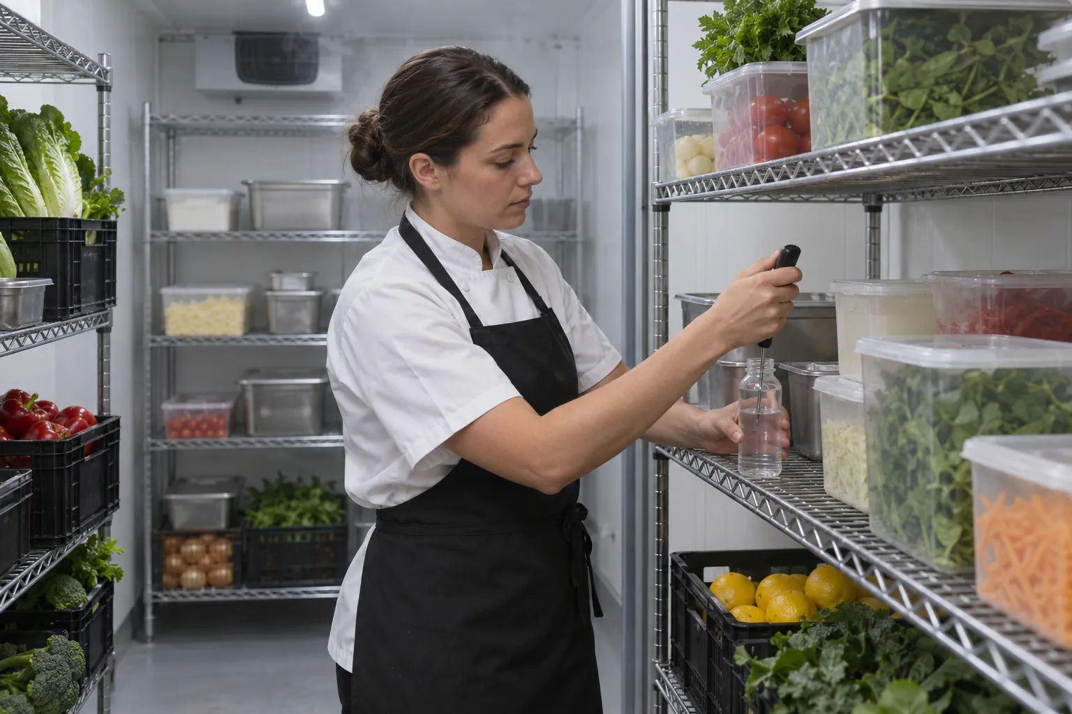 A cook probing a bottle of water on a cool room shelf among covered food containers.