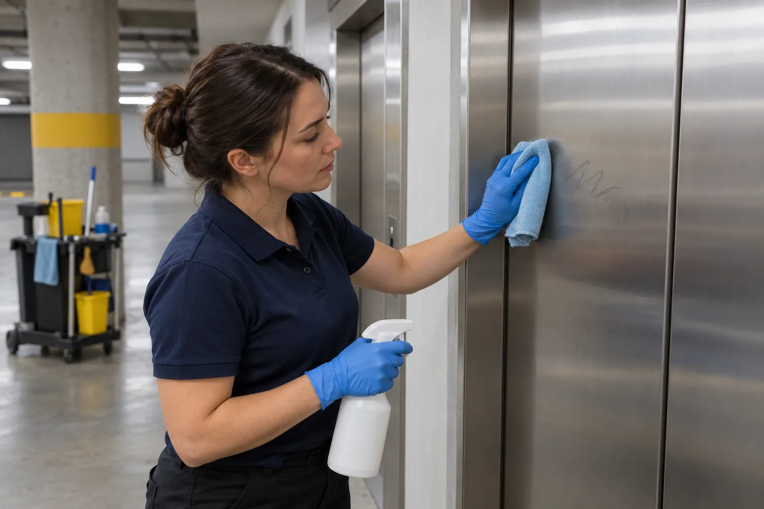 A cleaner wiping a marker scrawl off a steel lift door in a basement car park.