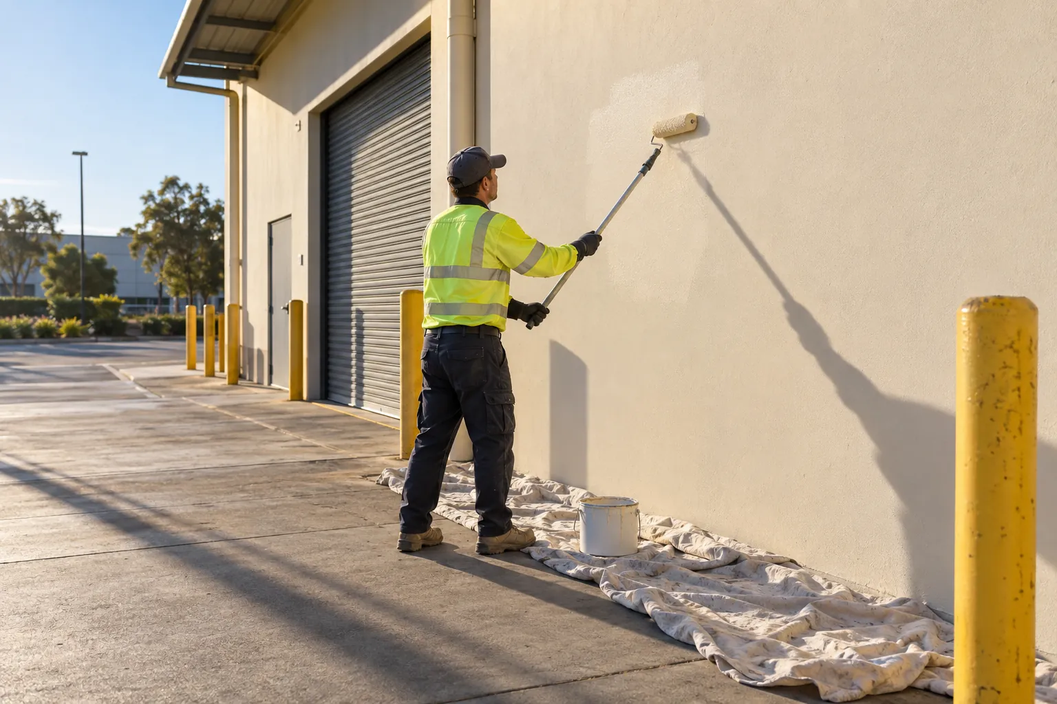 A painter in hi-vis rolling fresh paint over a patch on a loading dock wall in morning sun.