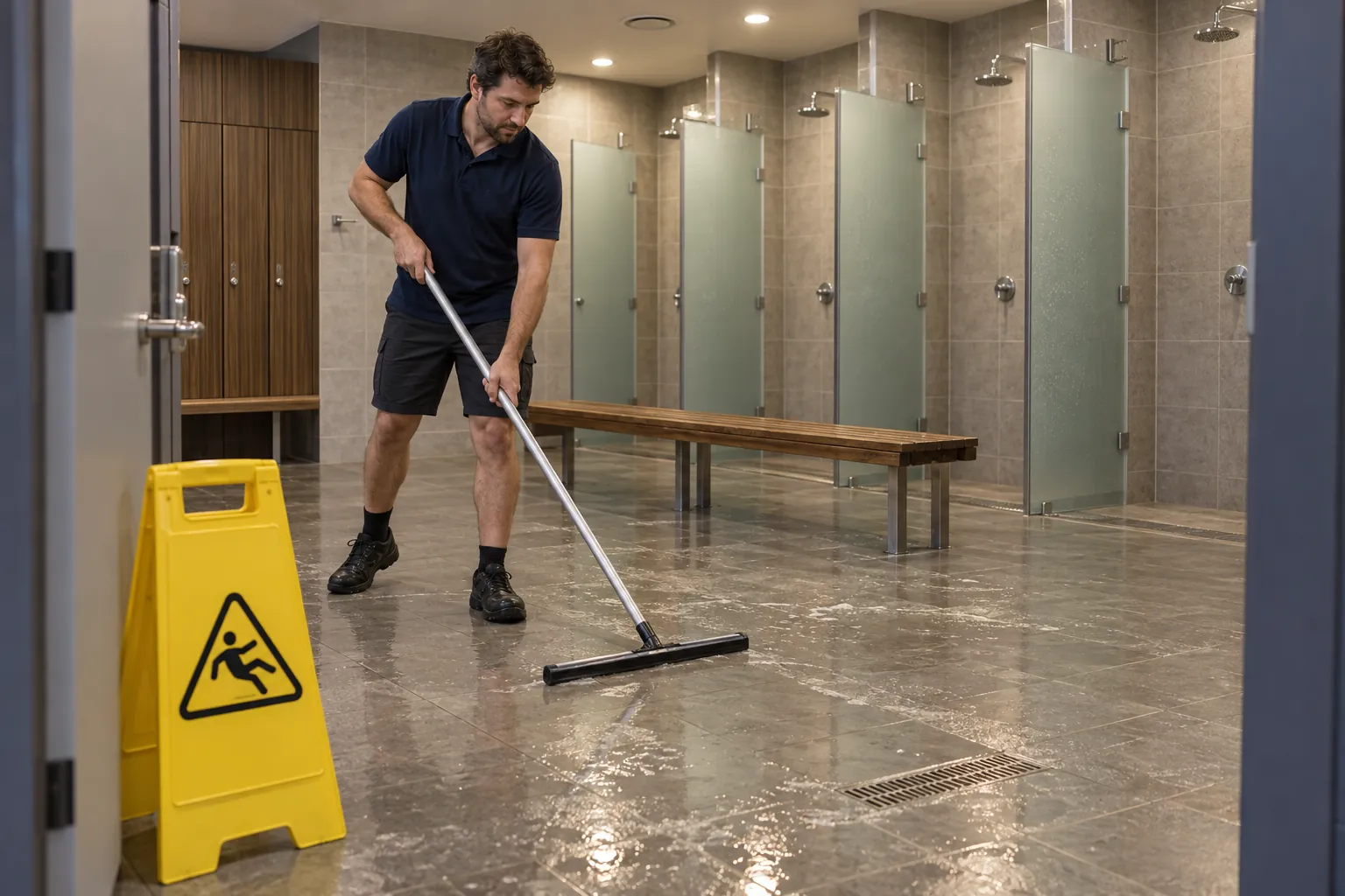 A cleaner squeegeeing water towards a floor drain in a gym change room, with shower cubicles behind him and a wet-floor sign by the door.