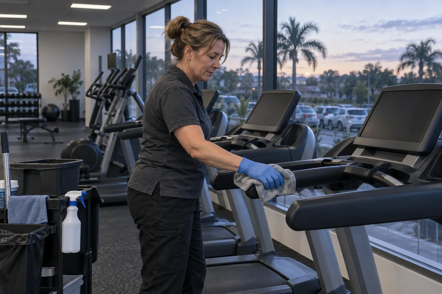 A cleaner in gloves wiping the handles of a treadmill in an empty gym at first light, with a cleaning trolley beside her.