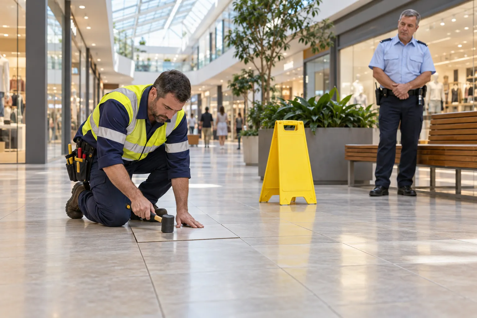 A maintenance technician repairing a lifted floor tile beside a caution sign on a shopping centre concourse as a security officer watches.