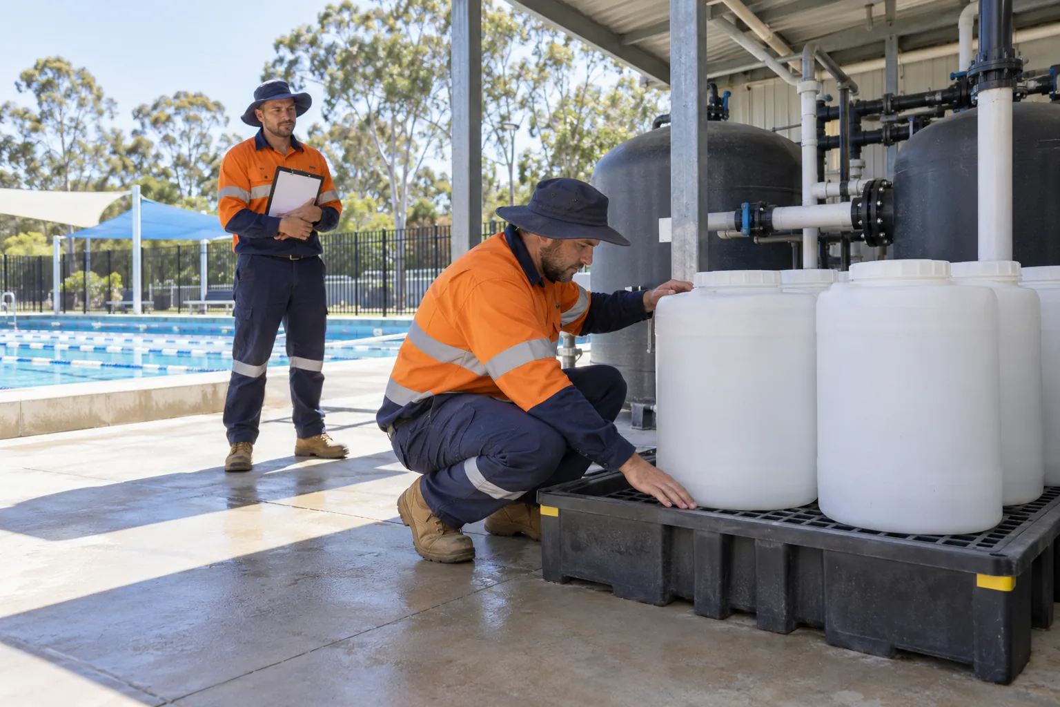 Two maintenance workers checking chemical drums on a bunded pallet in an outdoor pool plant area.