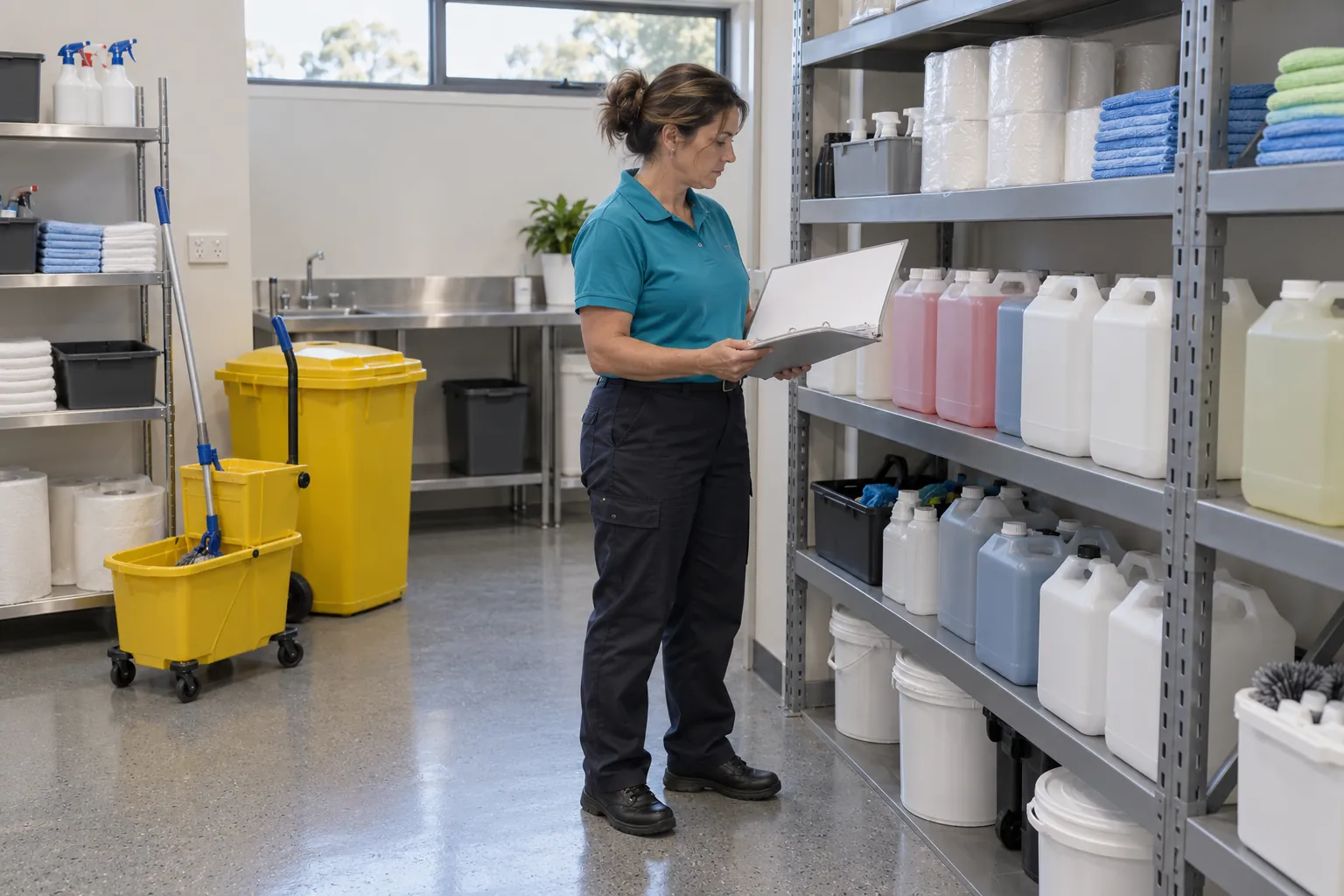 A cleaning supervisor in a chemical store comparing containers on a shelf with an open binder.
