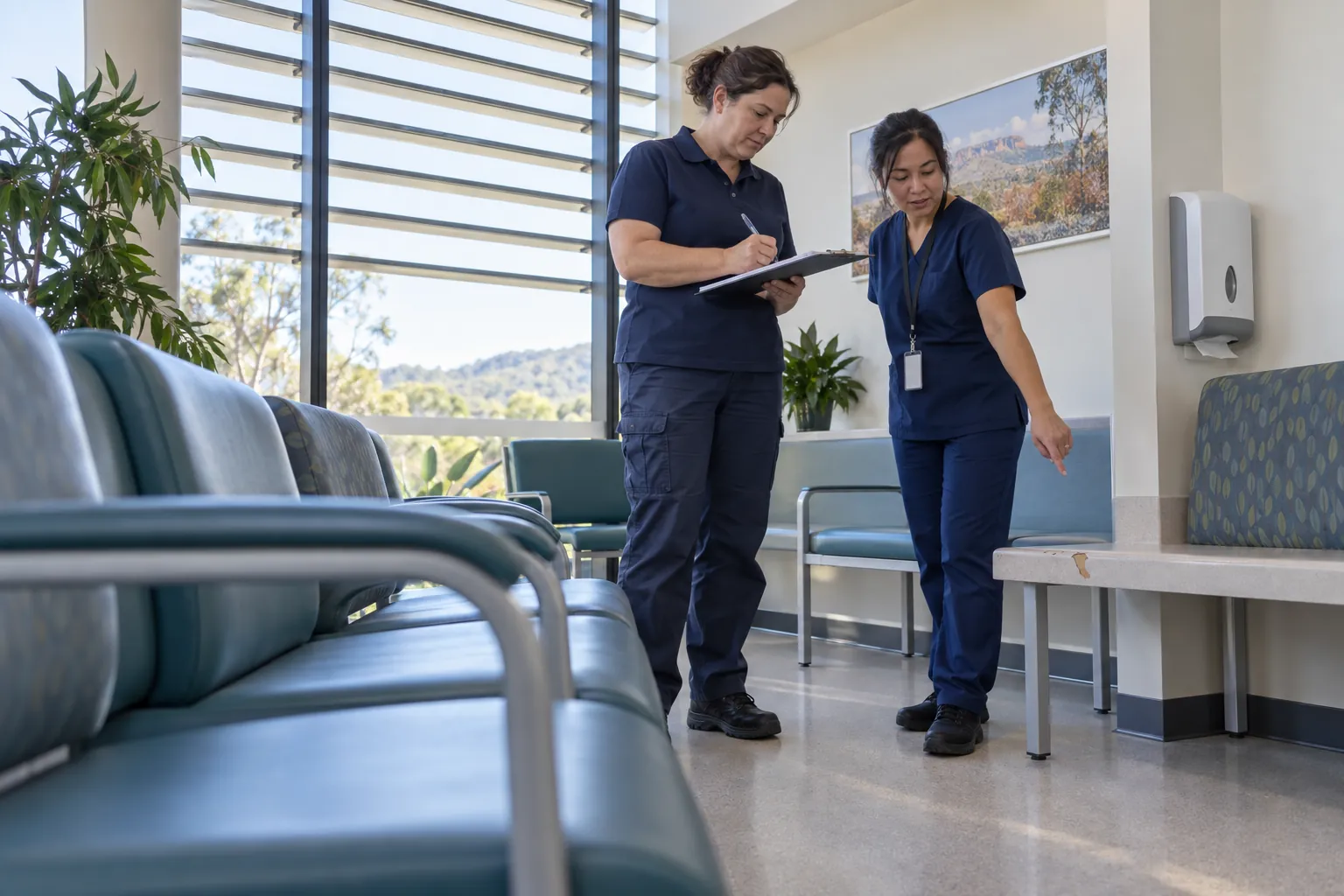 A cleaning supervisor and a nurse inspecting a chipped bench top in an empty hospital outpatient waiting area.