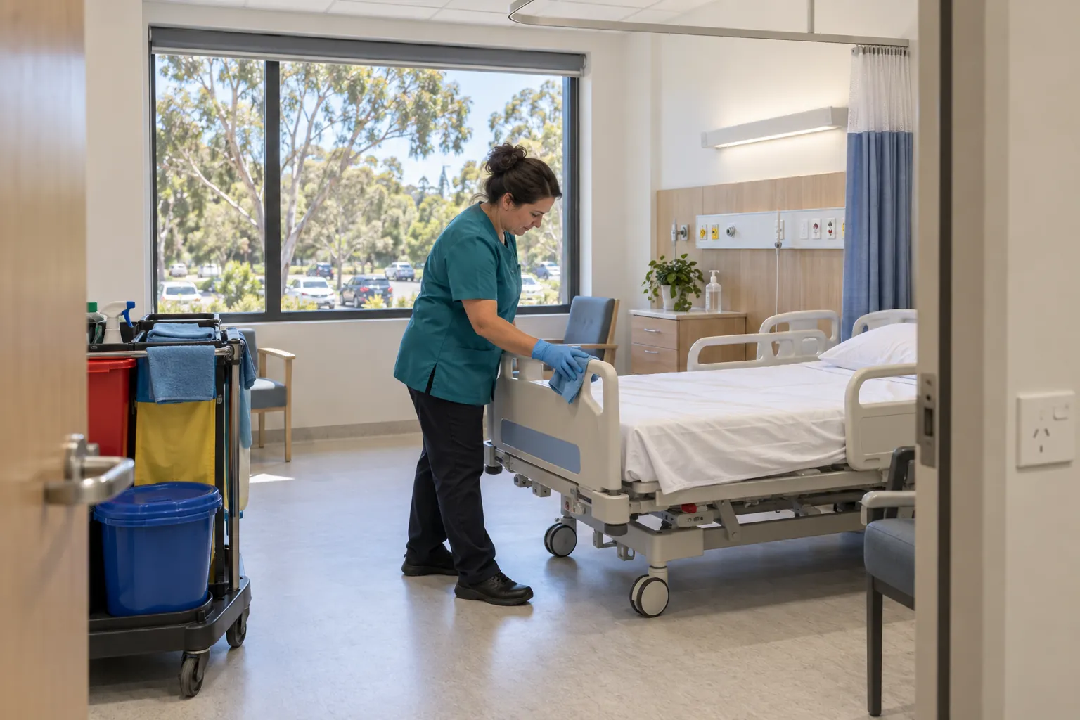 A hospital cleaner in gloves wiping the rail of an empty bed in a single ward room, with a cleaning trolley by the door.