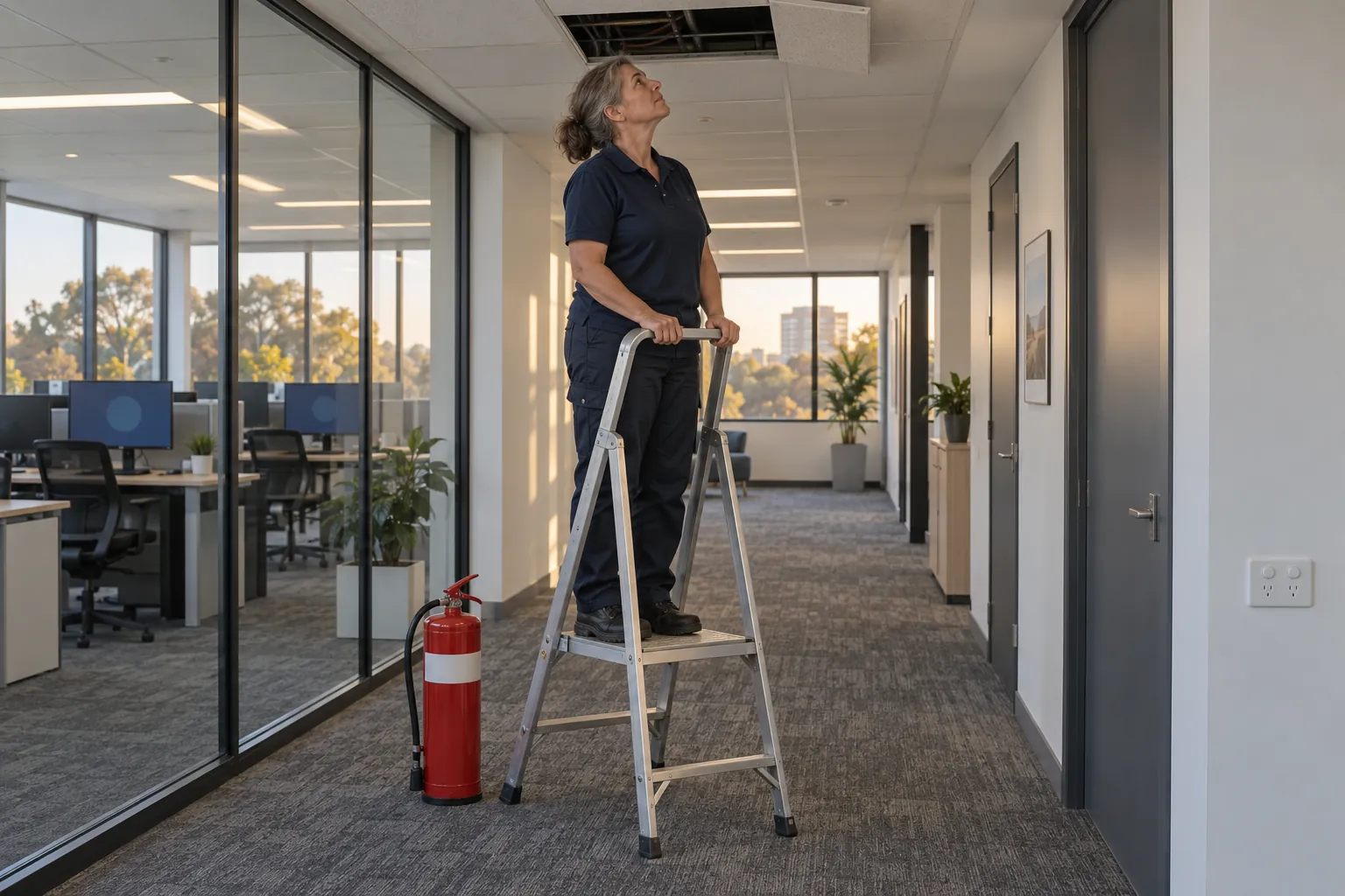 A facilities officer on a platform ladder in an office corridor, looking up into the ceiling void through a lifted ceiling tile, with a fire extinguisher beside the ladder.