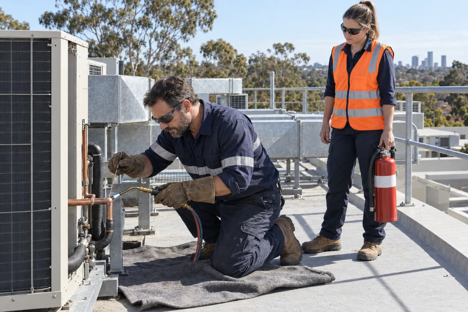 A refrigeration mechanic brazing copper pipework at a rooftop air-conditioning unit over a fire blanket while a co-worker stands by with a fire extinguisher.