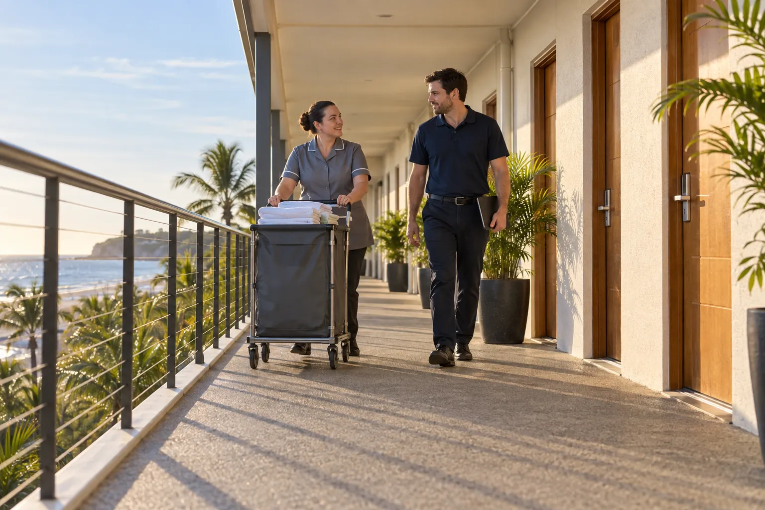 A housekeeping supervisor with a tablet and a colleague pushing a laundry cart walking along an open-air motel walkway lined with potted palms.