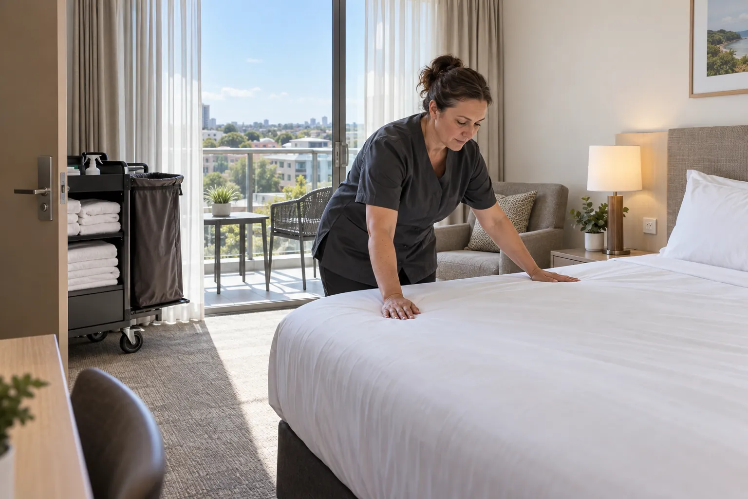 A room attendant making a bed with fresh white linen in a bright hotel room with a balcony, her trolley by the door.