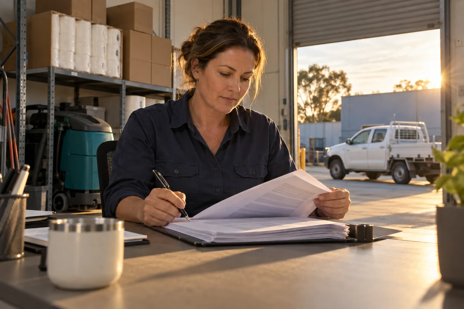 A woman reading a printed tender document at a desk in a small industrial unit, a white ute outside the roller door.