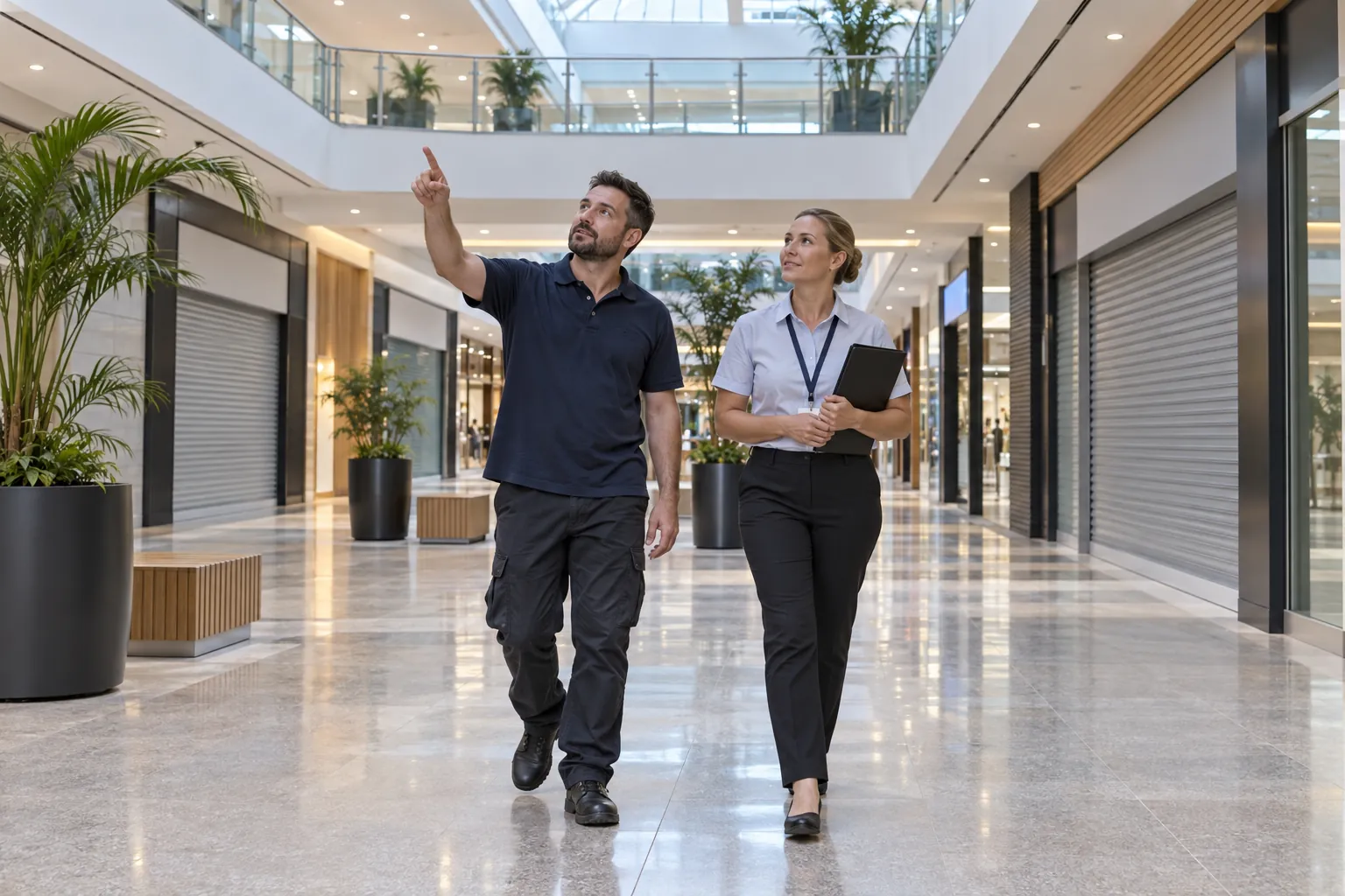 A cleaning contractor and a shopping centre manager walking an empty mall before opening on a site inspection.