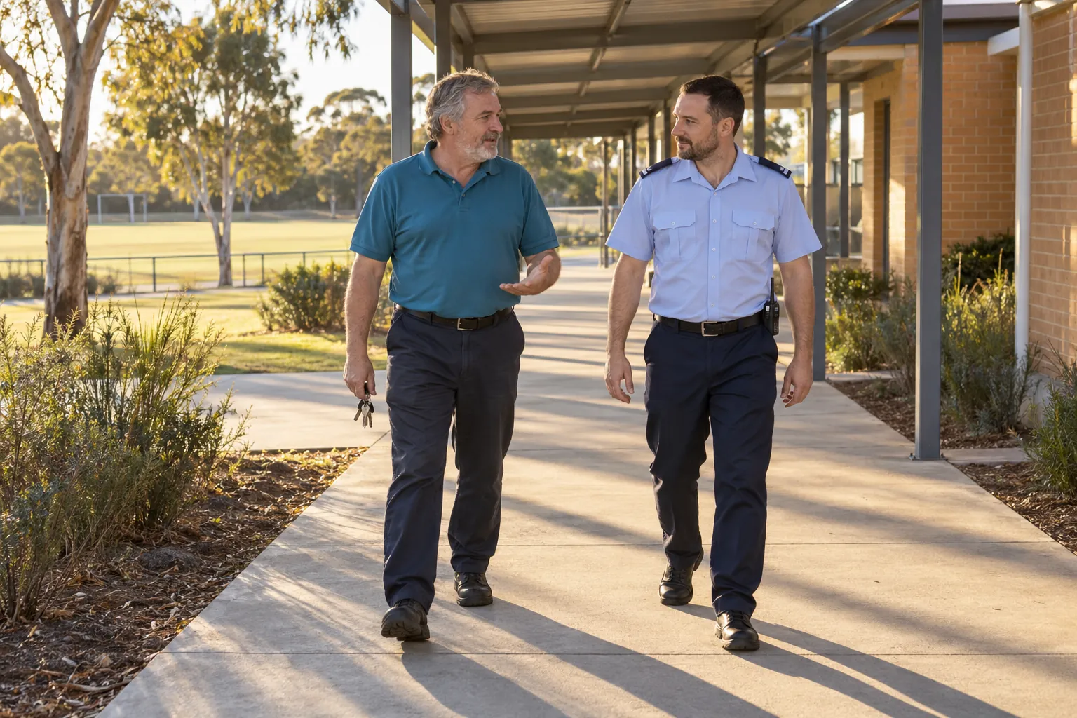 A cleaning supervisor holding a bunch of keys and a security officer talking as they walk along a covered school walkway at dusk.