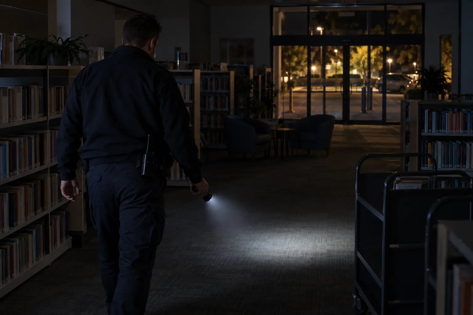 A patrol officer walking between library shelving after closing, lighting the floor ahead with a torch.
