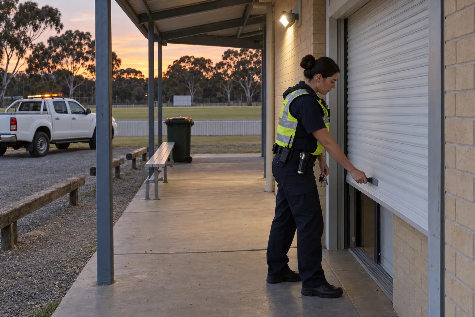 A patrol officer checking a roller door at a sports pavilion at dusk, a patrol ute parked behind.