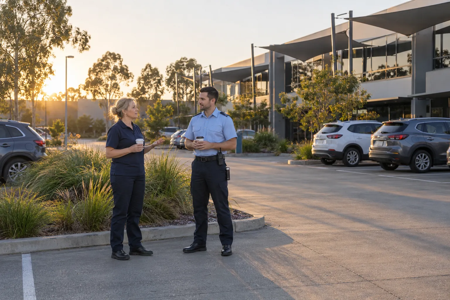 A site manager and a patrol supervisor talking over coffee in a business park car park in early morning light.