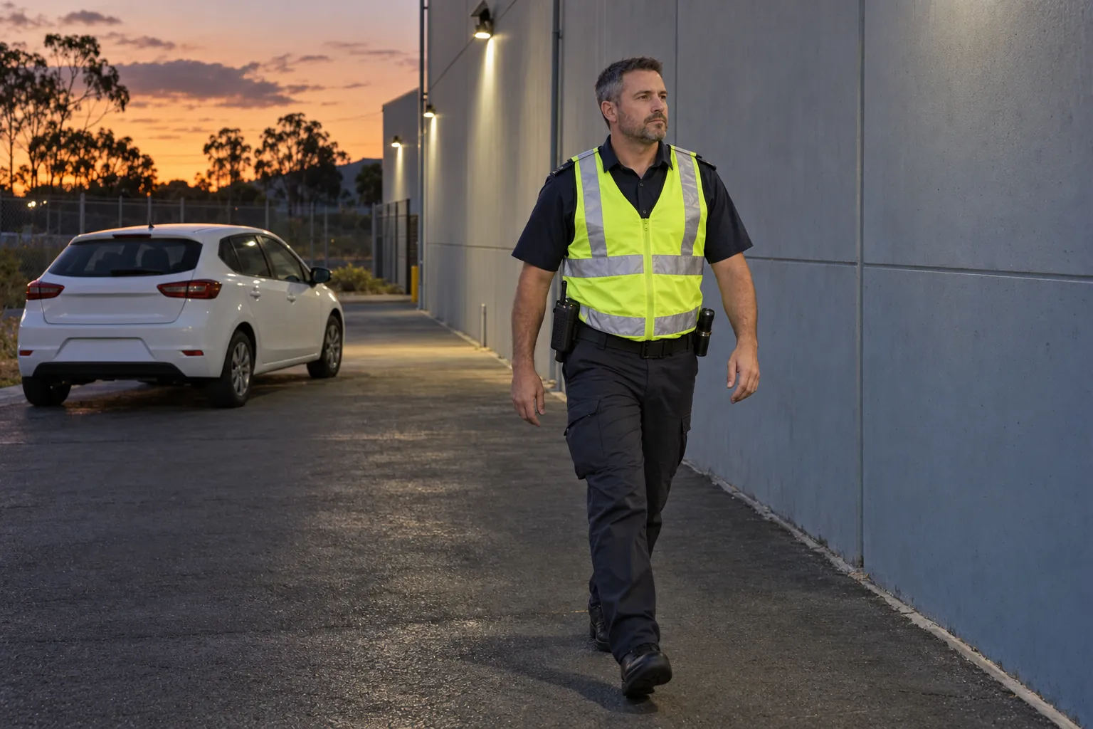 A security patrol officer in a navy uniform and reflective vest walking along the outside of a warehouse at dusk, a white car parked behind him.