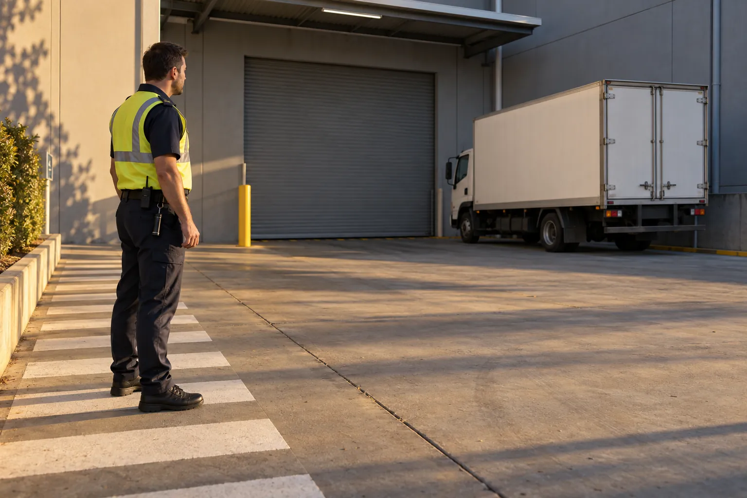 A security officer standing by a painted walkway at a shopping centre loading dock in early-evening light.