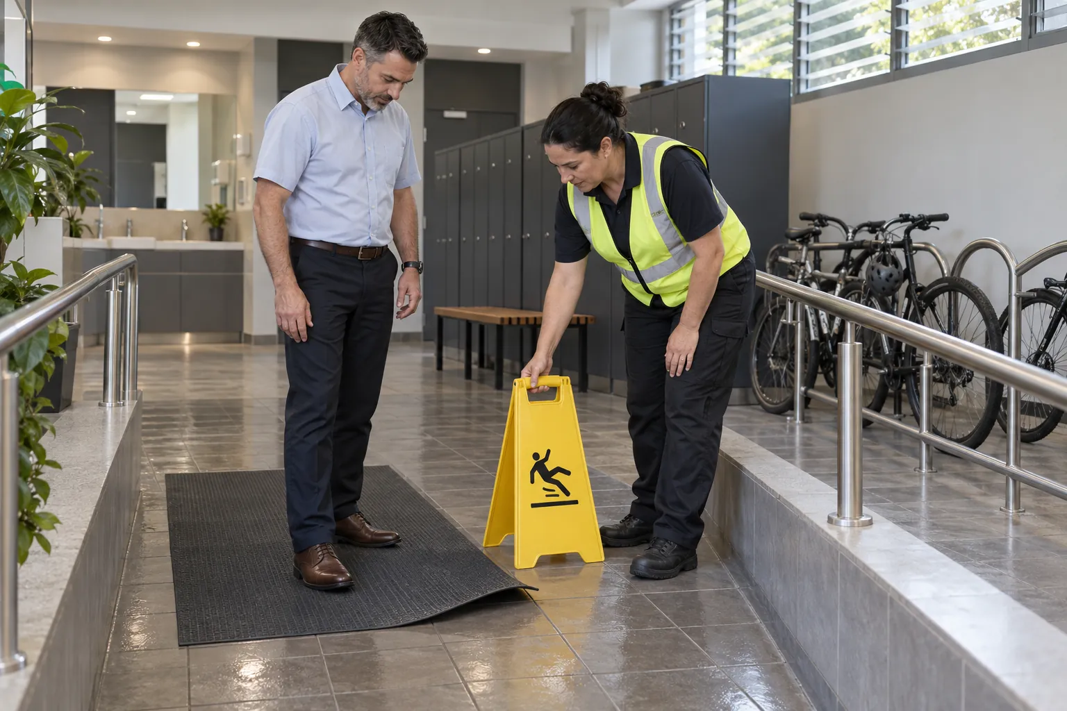 A building manager and a cleaning supervisor inspecting a curled anti-slip mat beside a wet floor sign in an office end of trip facility.