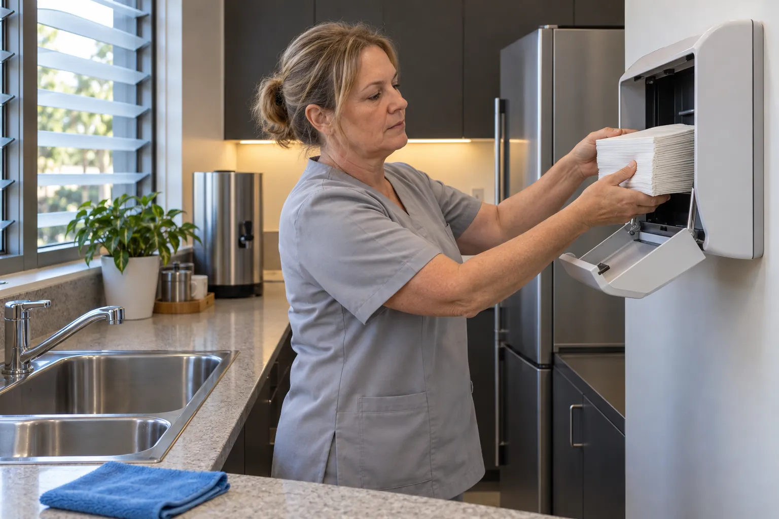A cleaner refilling a paper towel dispenser beside the sink in an office kitchenette in early morning light.