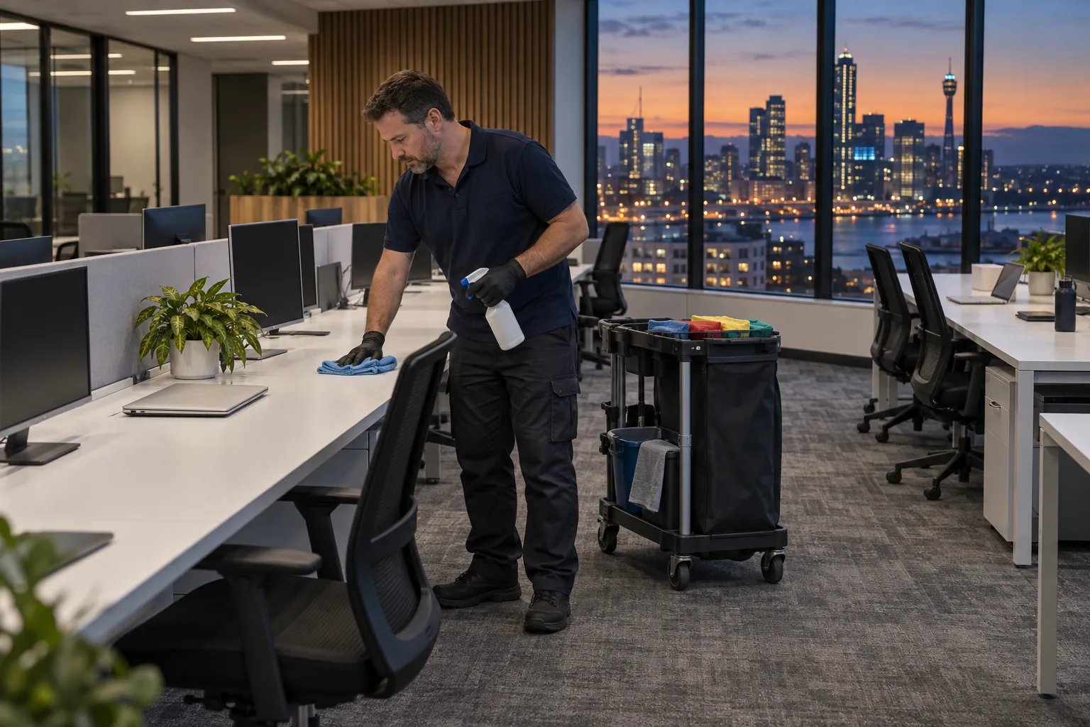 A cleaner with a trolley wiping down a shared desk in an empty open-plan office at dusk, city buildings visible through the windows.